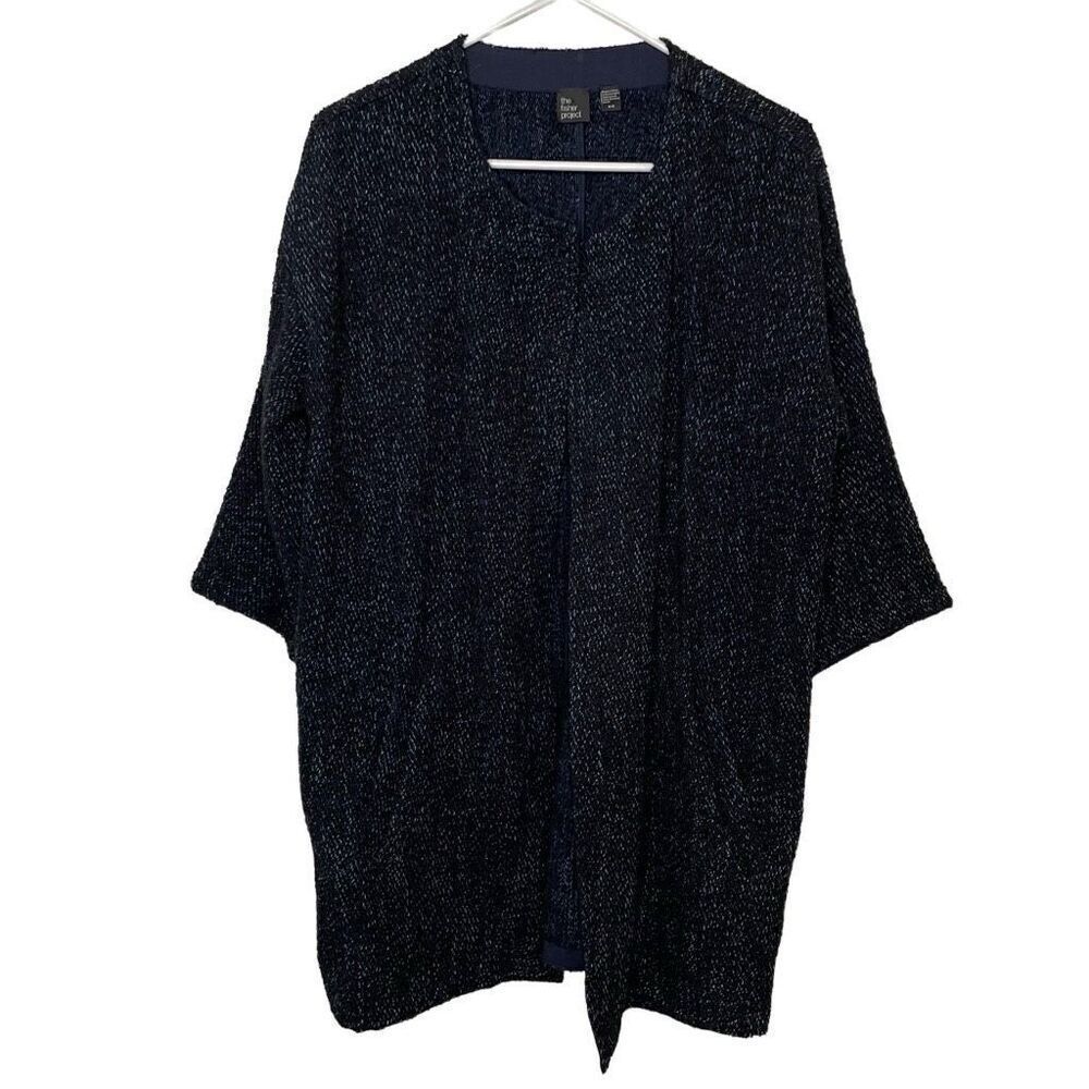 The Fisher Project Womens Boucle Jacket M Navy Open Front 3/4 Sleeve Collarless